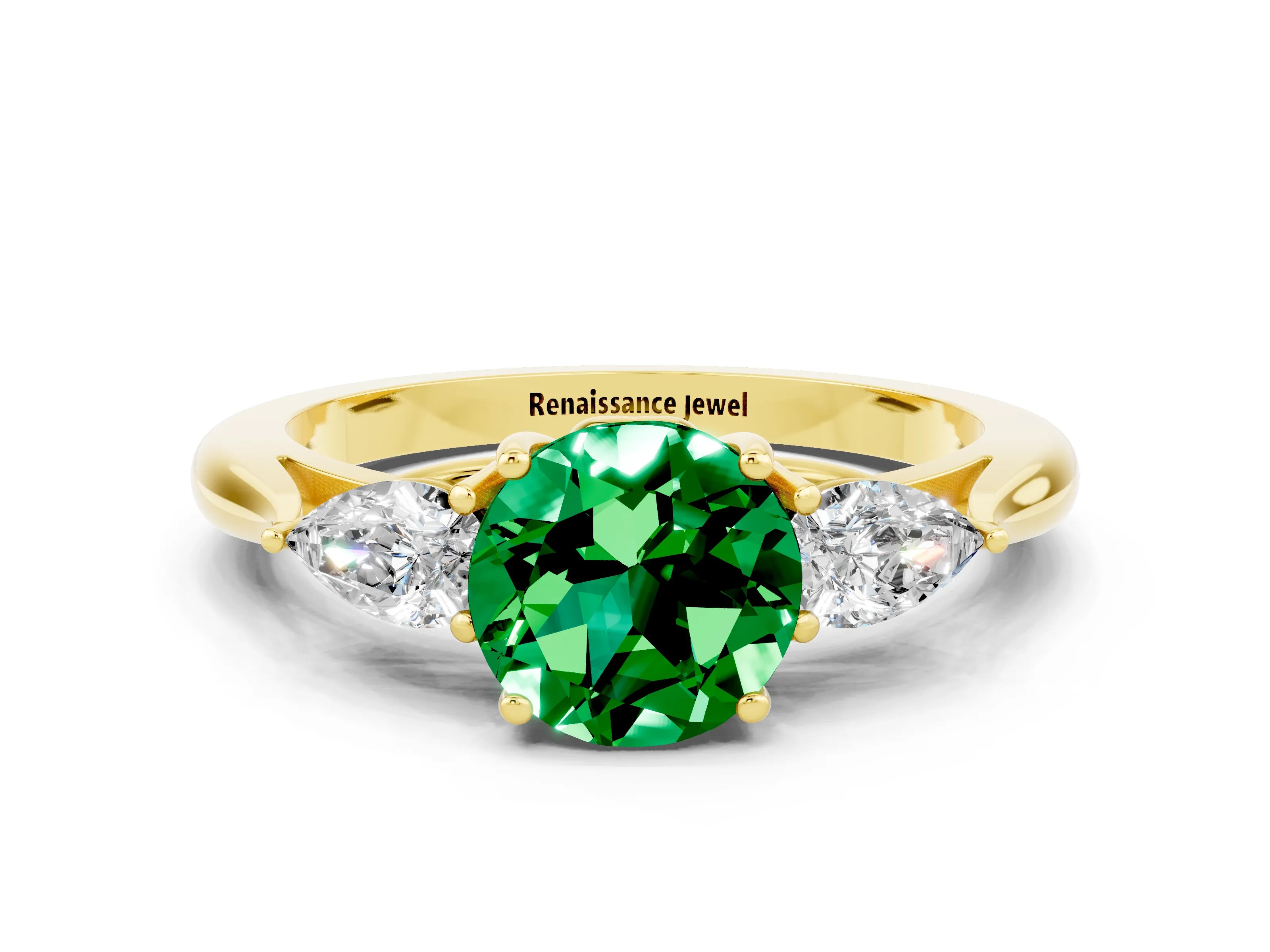 Yellow gold Round Cut Emerald Three-Stone Ring with Pear Side Stones and Four-Prong Setting_12