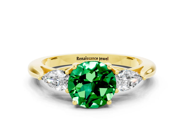 Yellow gold Round Cut Emerald Three-Stone Ring with Pear  Side Stones and Prong Setting