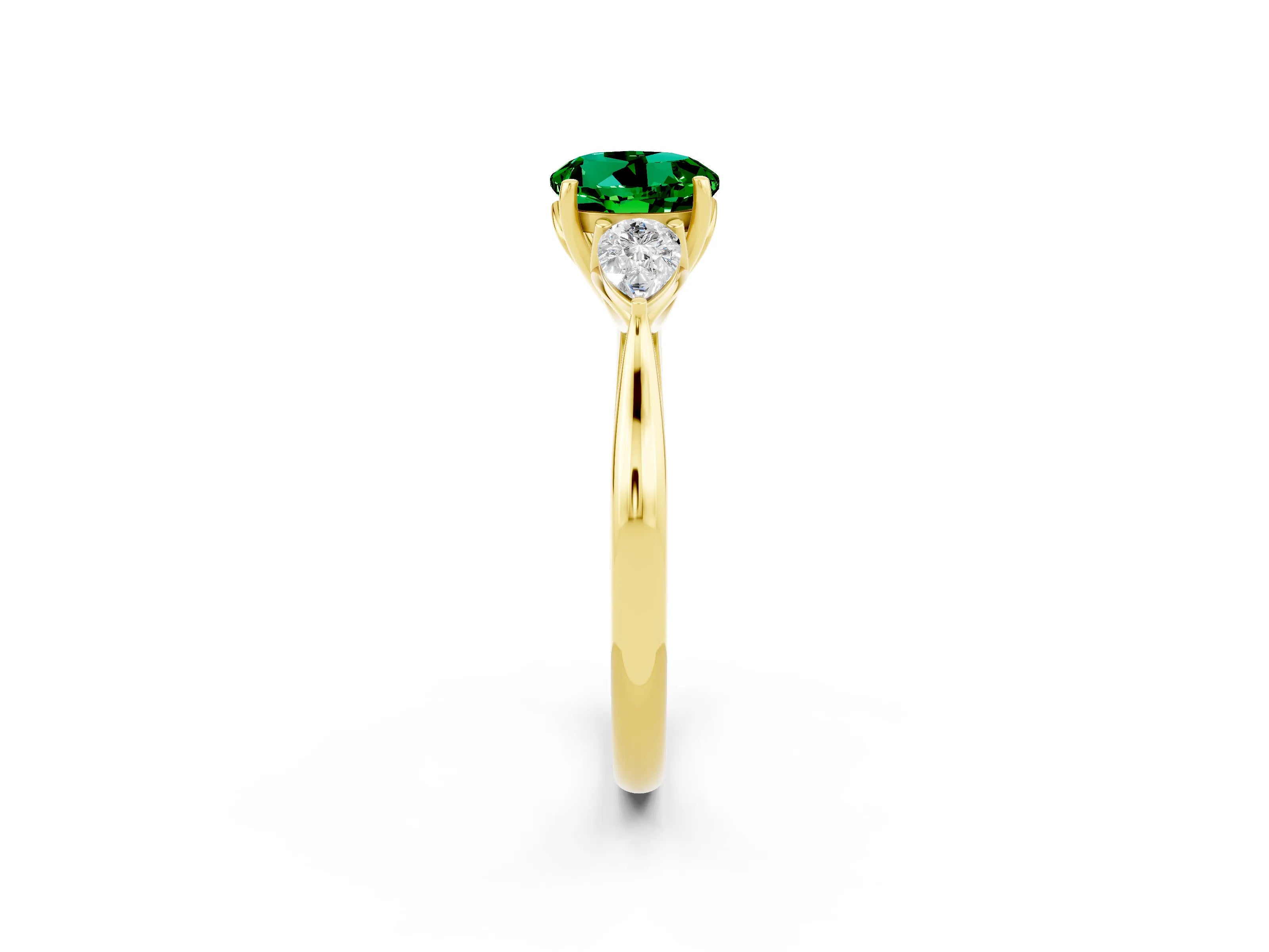 Yellow gold Round Cut Emerald Three-Stone Ring with Pear Side Stones and Four-Prong Setting_14