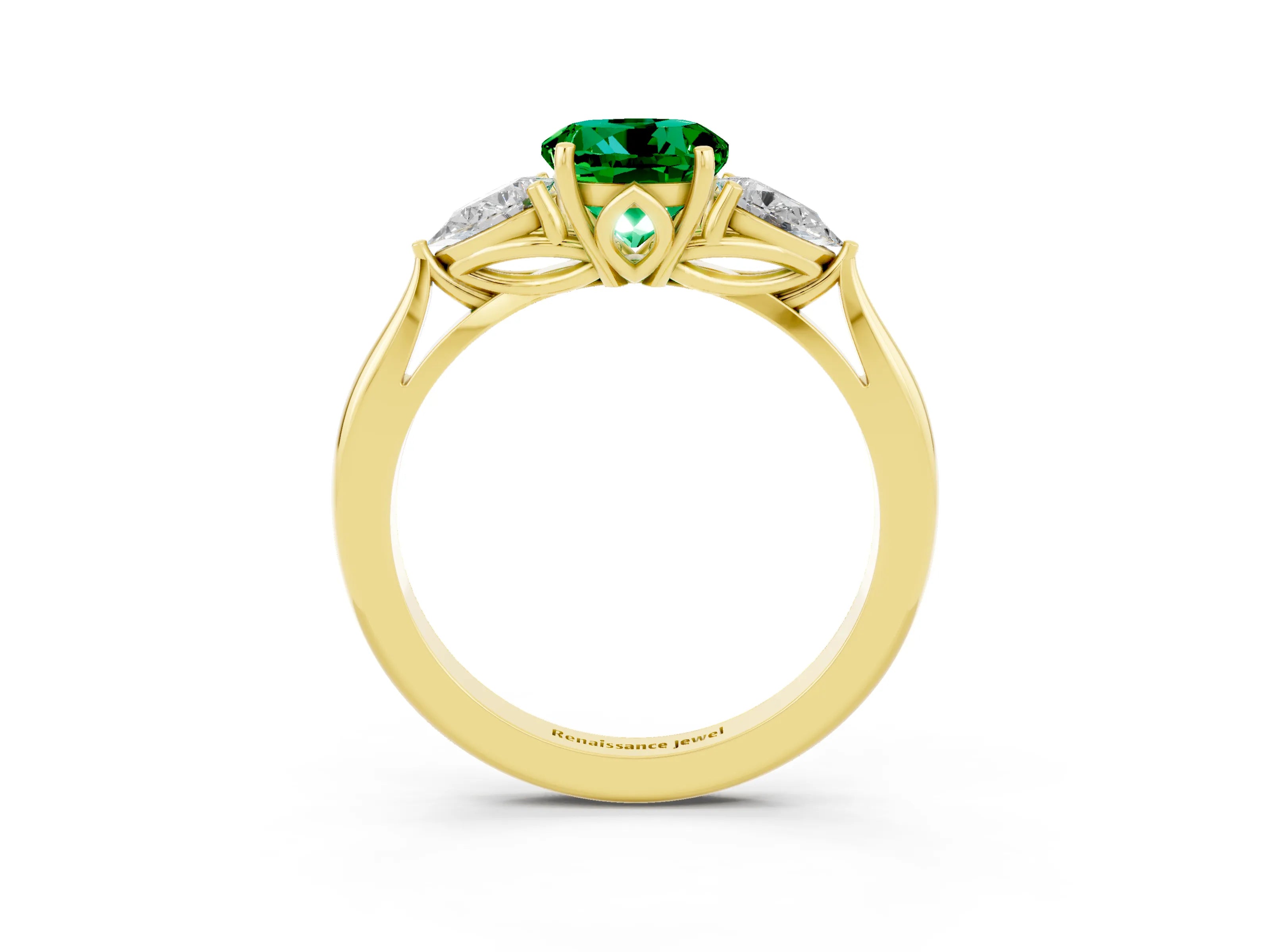 Yellow gold Round Cut Emerald Three-Stone Ring with Pear Side Stones and Four-Prong Setting_15