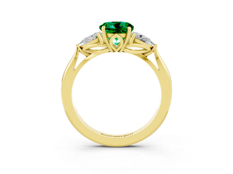 Yellow gold Round Cut Emerald Three-Stone Ring with Pear Side Stones and Four-Prong Setting_15