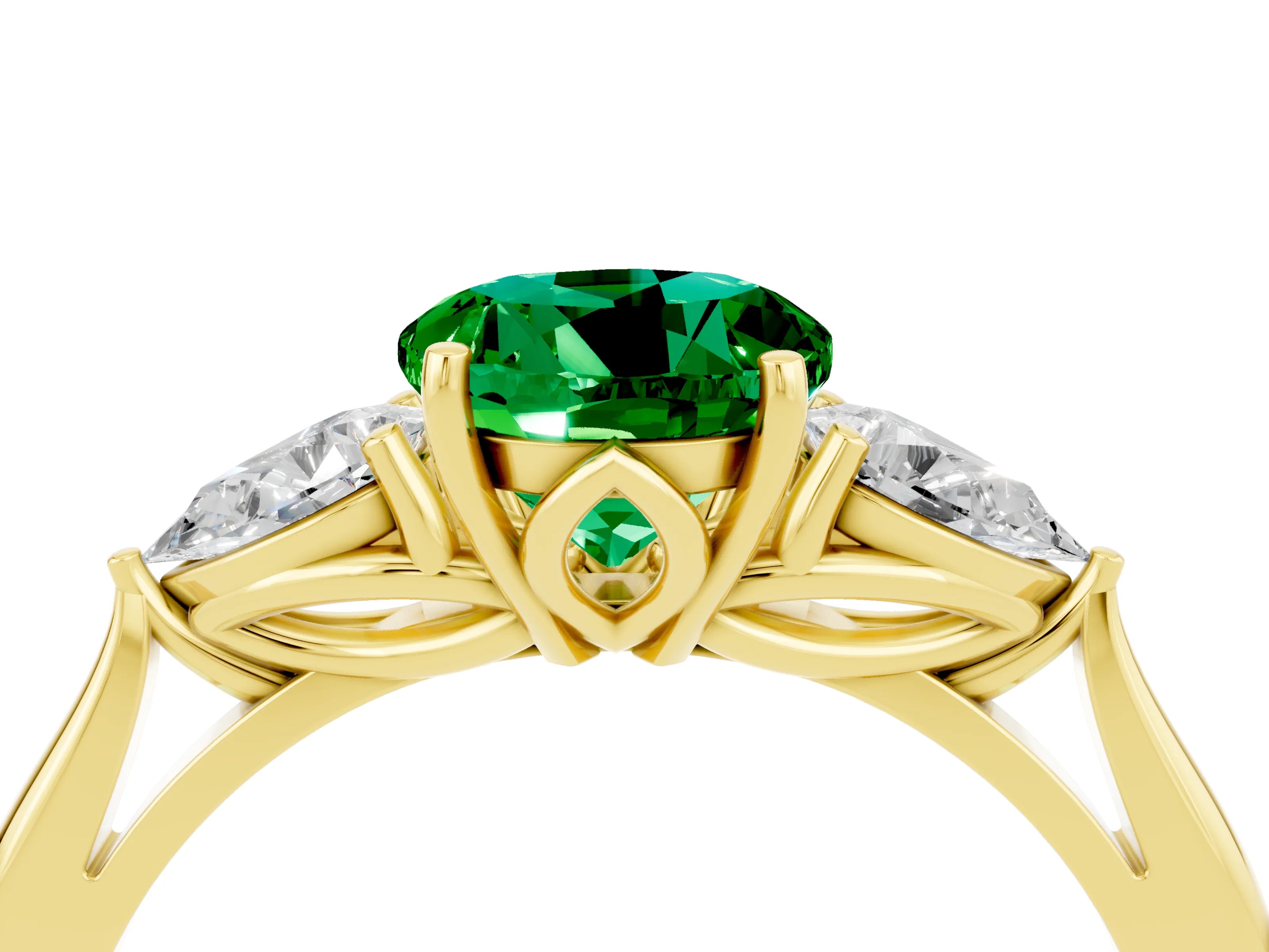 Yellow gold Round Cut Emerald Three-Stone Ring with Pear Side Stones and Four-Prong Setting_16