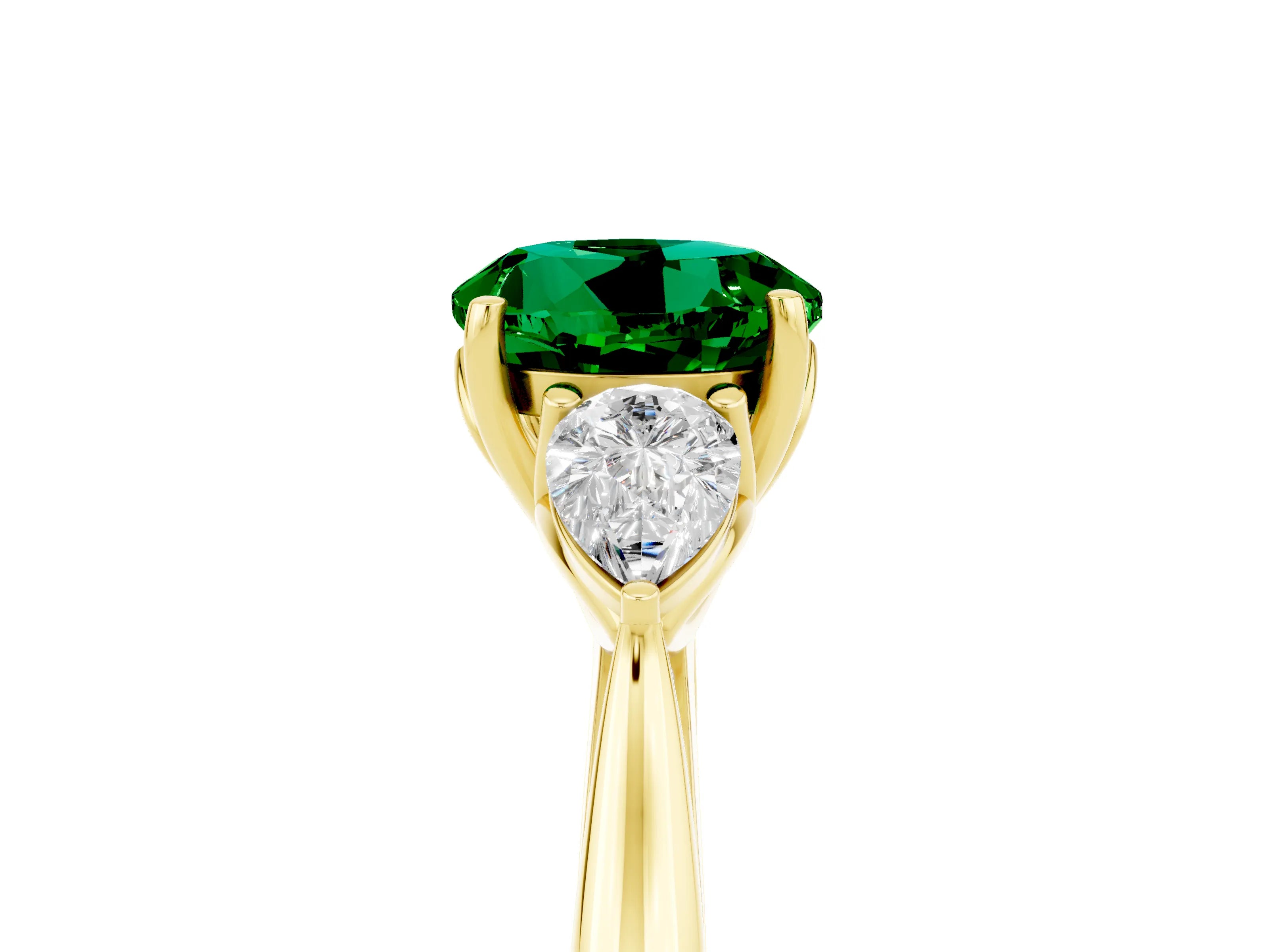 Yellow gold Round Cut Emerald Three-Stone Ring with Pear Side Stones and Four-Prong Setting_17