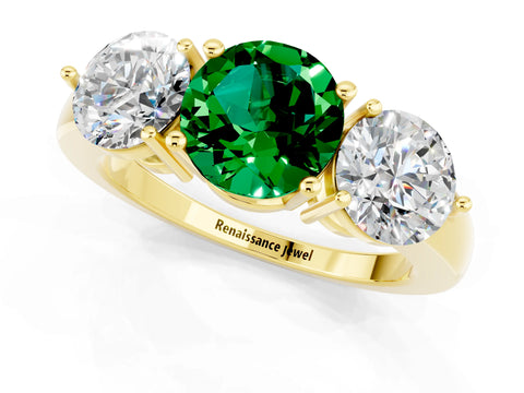 Yellow gold Round Cut Emerald Three-Stone Ring with Prong Setting and Classic Band_1
