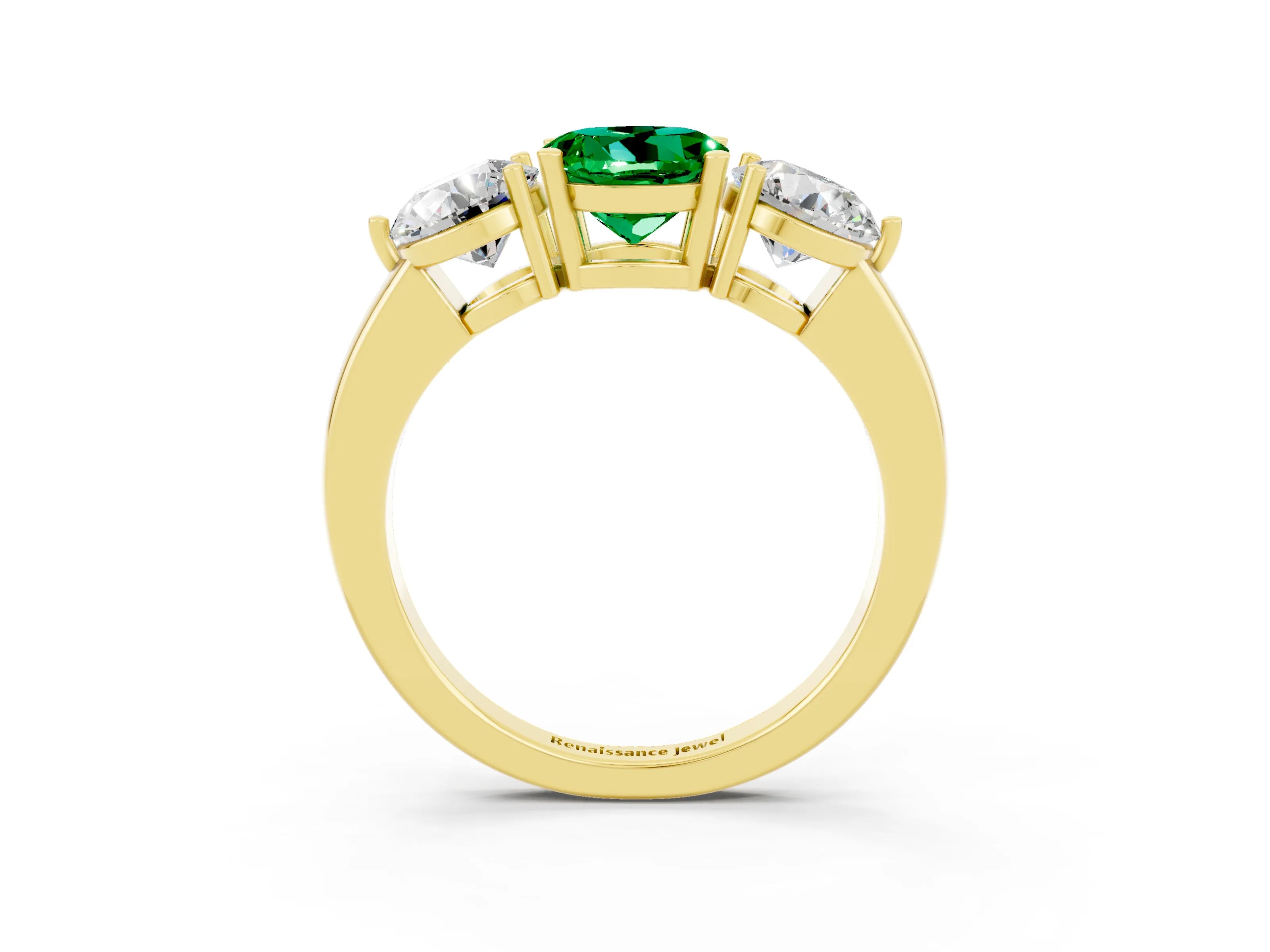 Yellow gold Round Cut Emerald Three-Stone Ring with Prong Setting and Classic Band_3