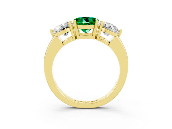 Yellow gold Round Cut Emerald Three-Stone Ring with Prong Setting and Classic Band