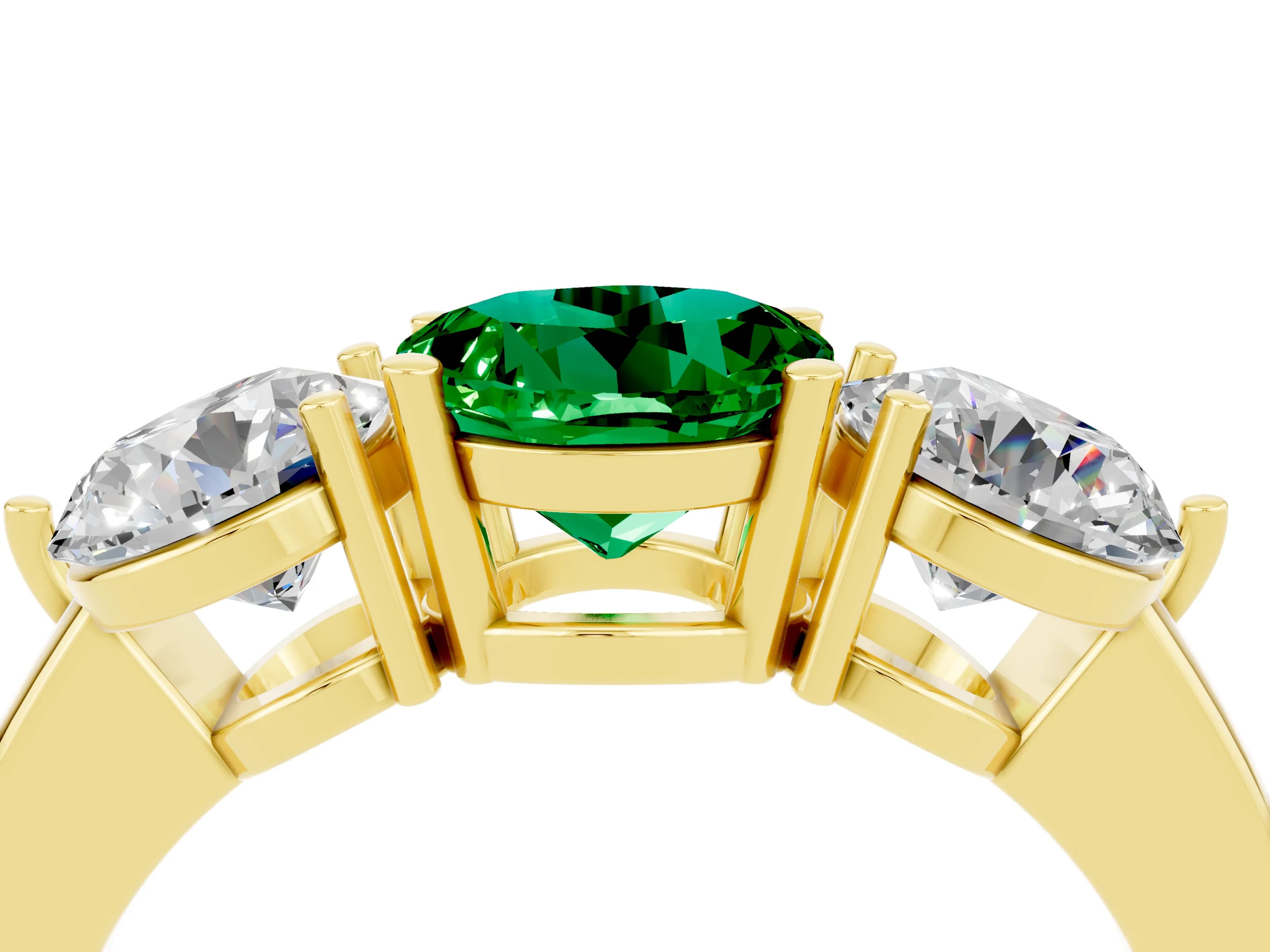 Yellow gold Round Cut Emerald Three-Stone Ring with Prong Setting and Classic Band_4