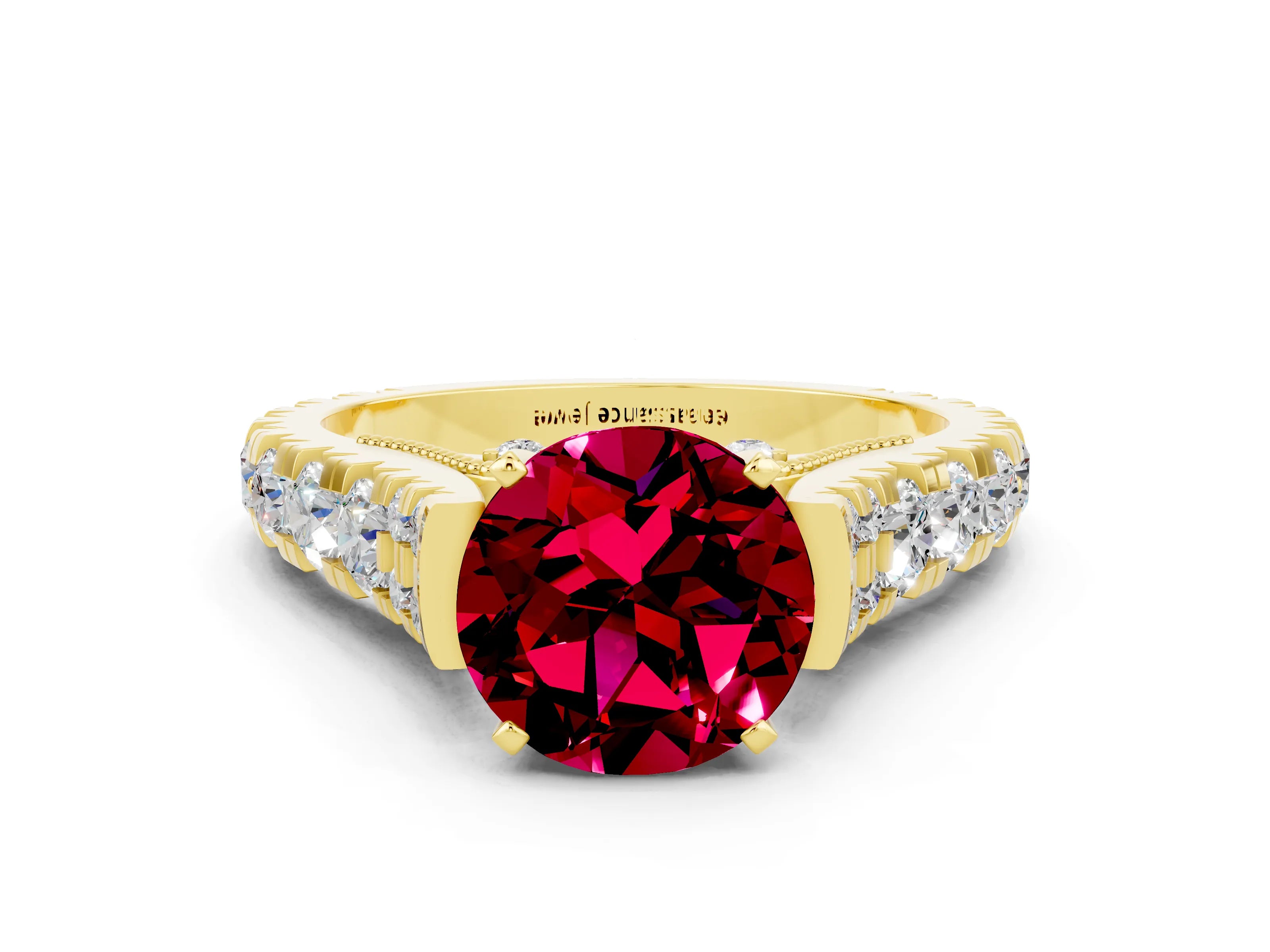 Yellow gold Round Cut Garnet Classic Solitaire Ring with Pavé Band and Four-Prong Setting
