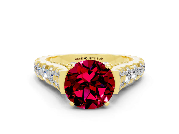 Yellow gold Round Cut Garnet Classic Solitaire Ring with Pavé Band and Four-Prong Setting