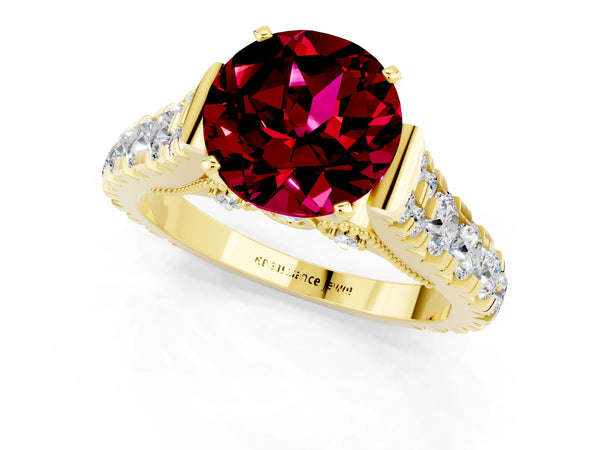 Yellow gold Round Cut Garnet Classic Solitaire Ring with Pavé Band and Four-Prong Setting