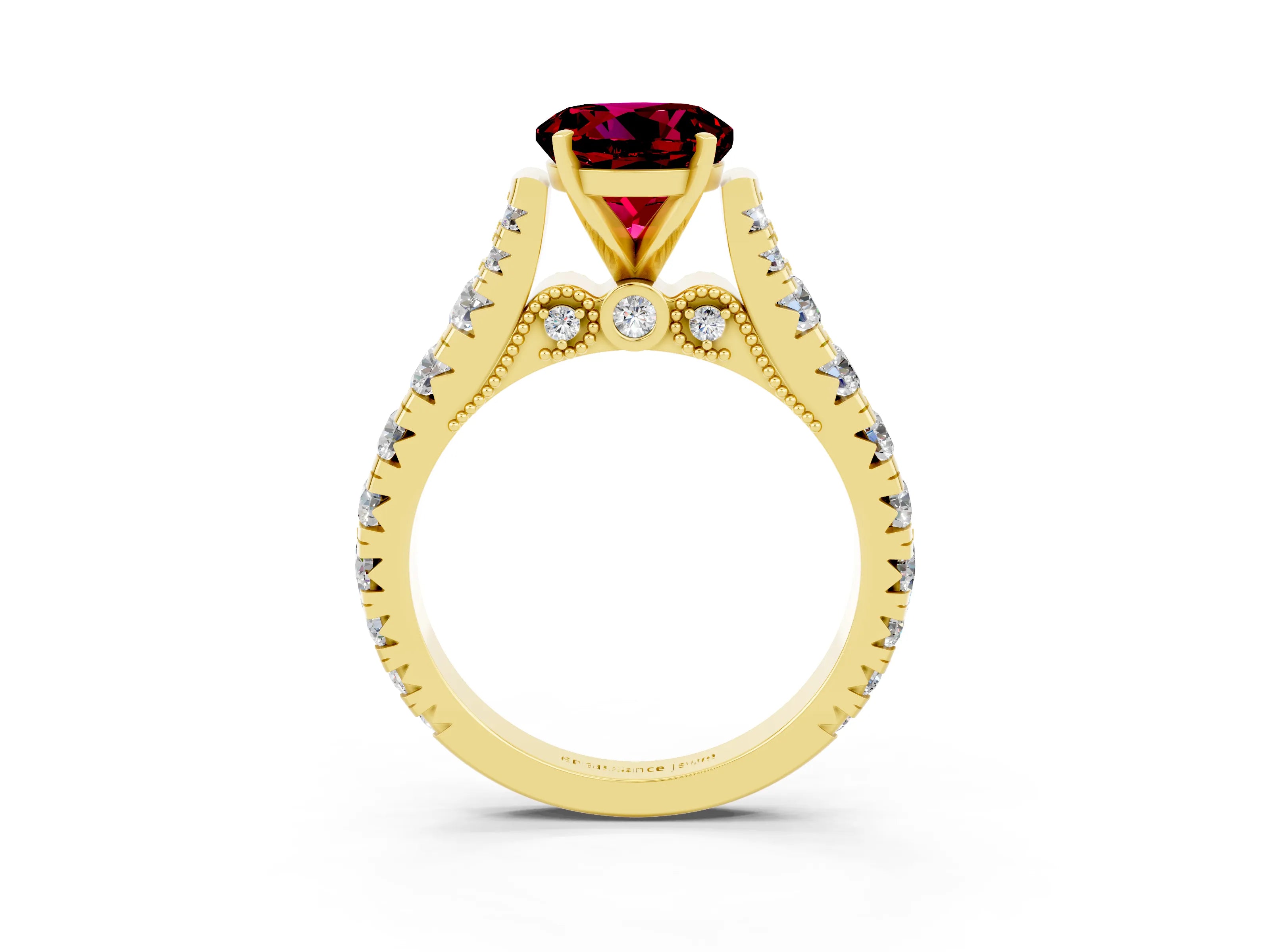 Yellow gold Round Cut Garnet Classic Solitaire Ring with Pavé Band and Four-Prong Setting_3