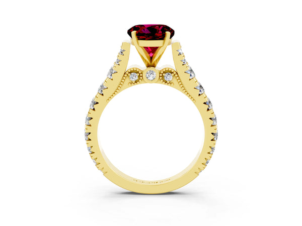 Yellow gold Round Cut Garnet Classic Solitaire Ring with Pavé Band and Four-Prong Setting
