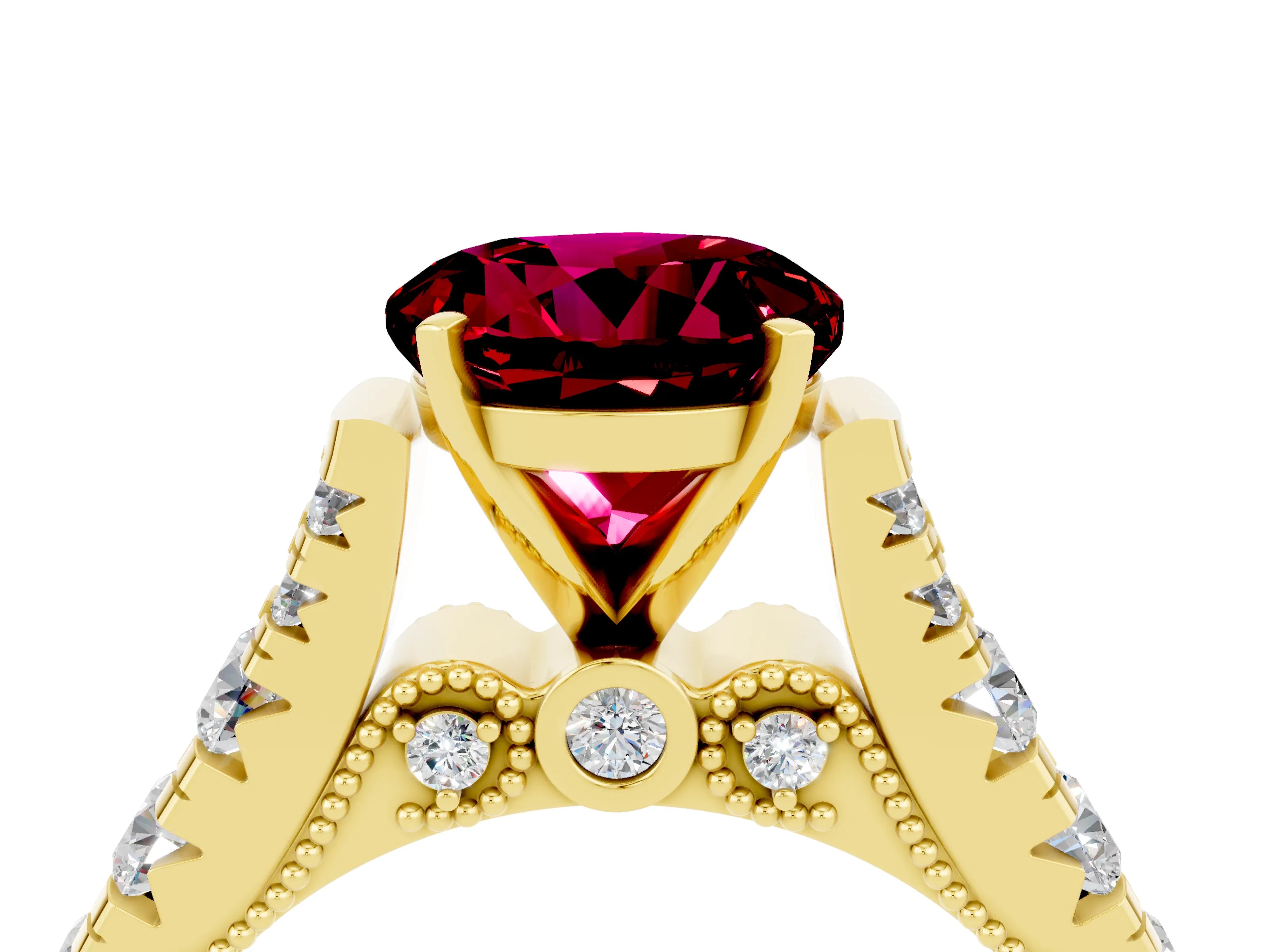 Yellow gold Round Cut Garnet Classic Solitaire Ring with Pavé Band and Four-Prong Setting_4