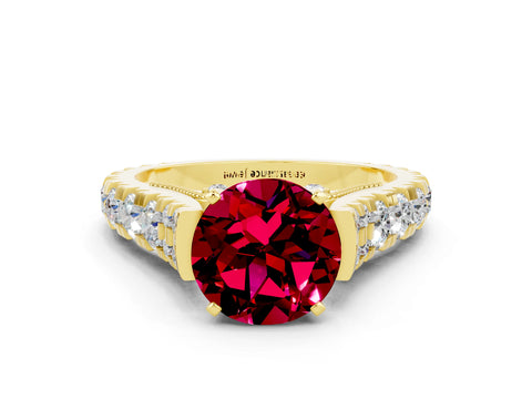 Yellow gold Round Cut Garnet Classic Solitaire Ring with Pavé Band and Four-Prong Setting