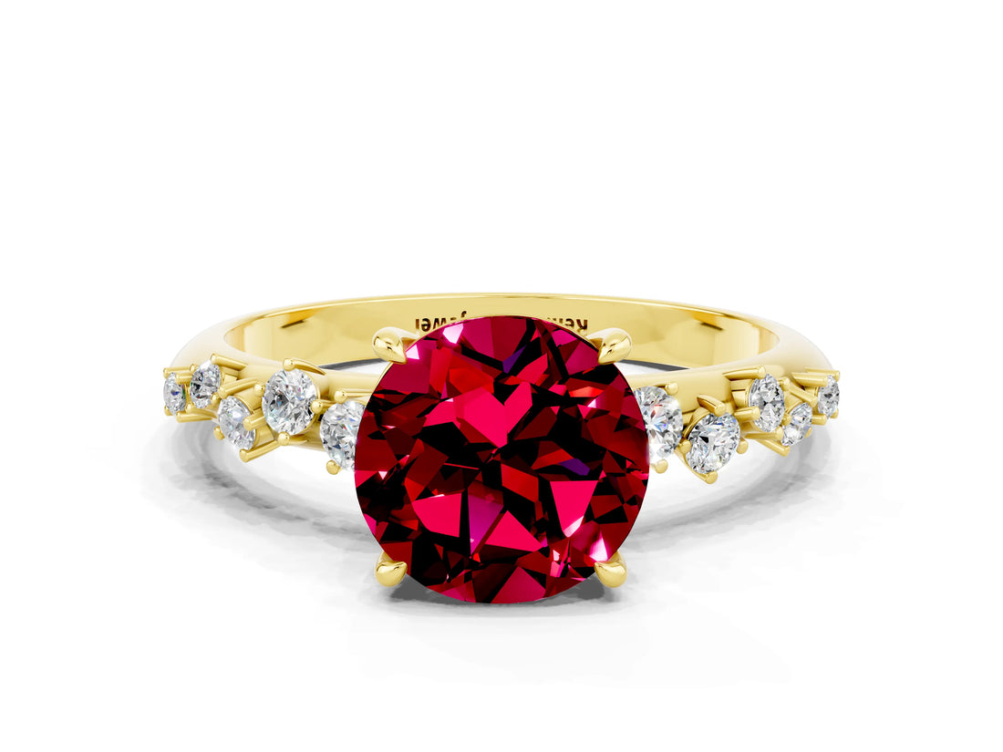 Yellow gold Round Cut Garnet Cluster Side Stone Solitaire Ring with Prong Setting_24