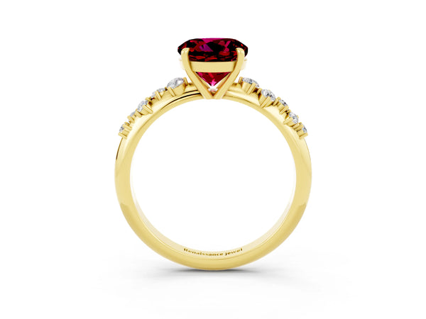 Yellow gold Round Cut Garnet Cluster Side Stone Solitaire Ring with Prong Setting
