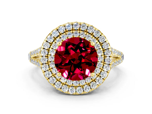 Yellow gold Round Cut Garnet Double Halo Ring with Pavé Band and Prong Setting