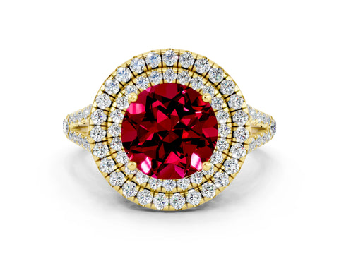 Yellow gold Round Cut Garnet Double Halo Ring with Pavé Band and Prong Setting_12