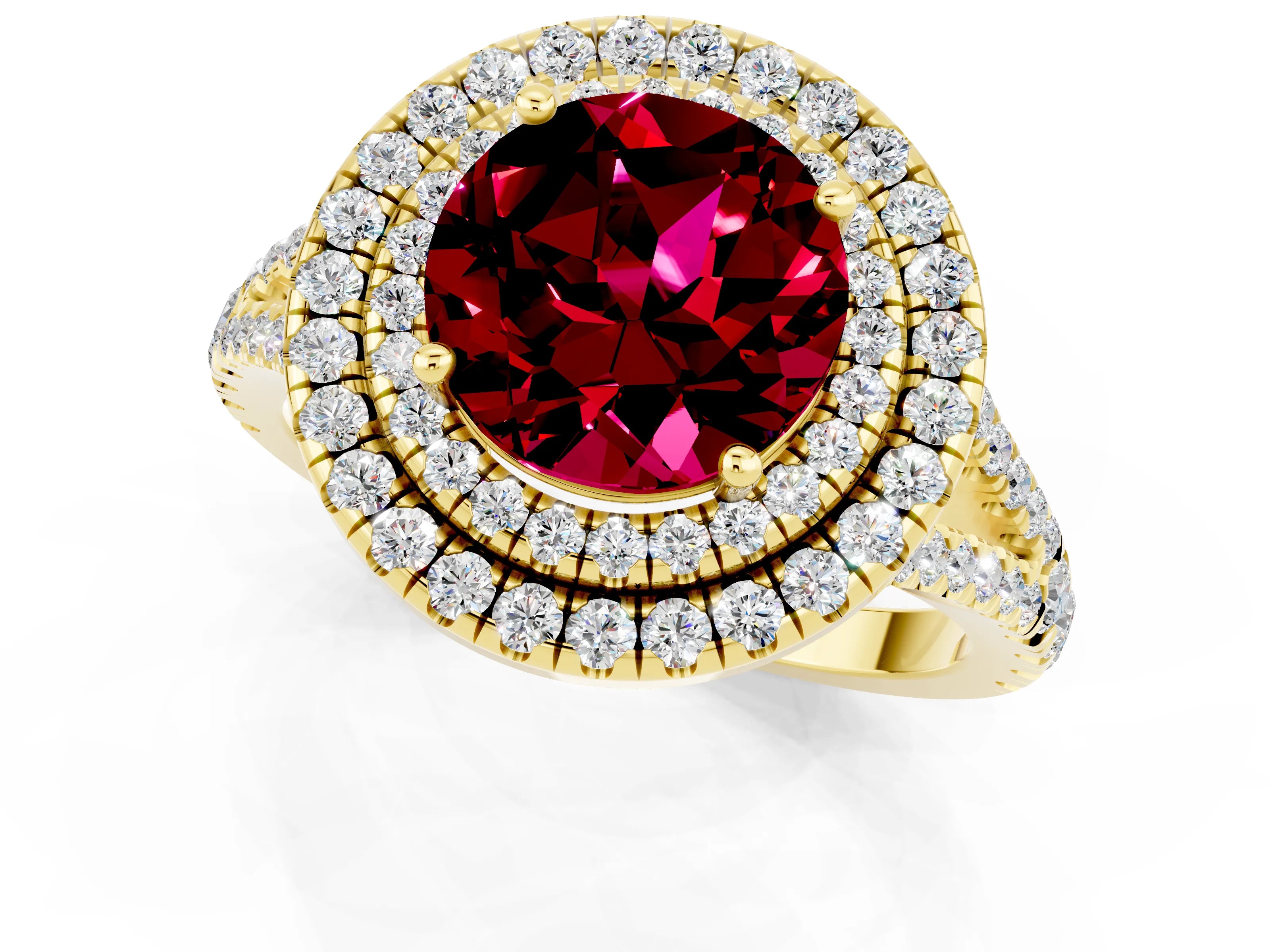 Yellow gold Round Cut Garnet Double Halo Ring with Pavé Band and Prong Setting_13