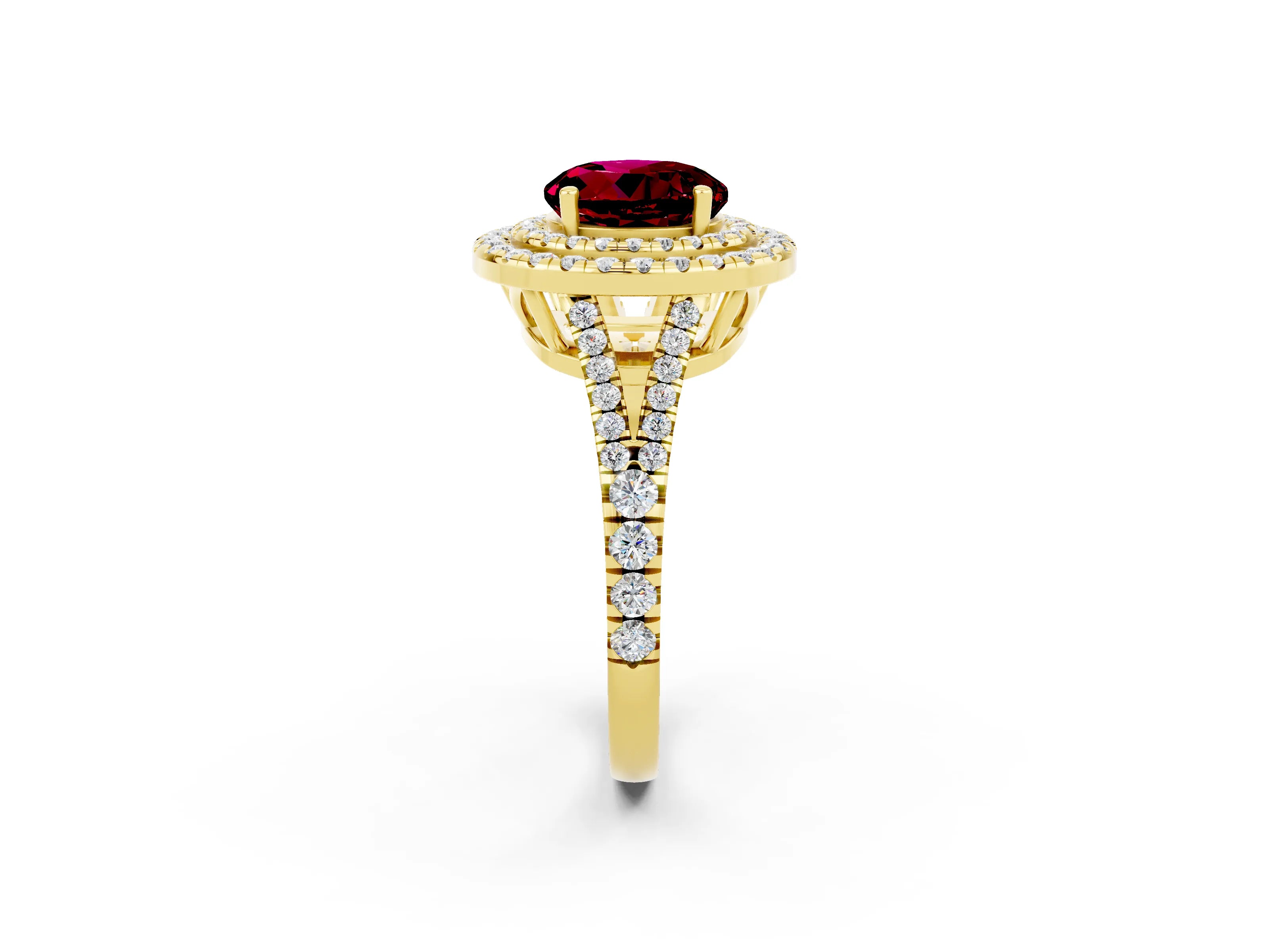 Yellow gold Round Cut Garnet Double Halo Ring with Pavé Band and Prong Setting_14