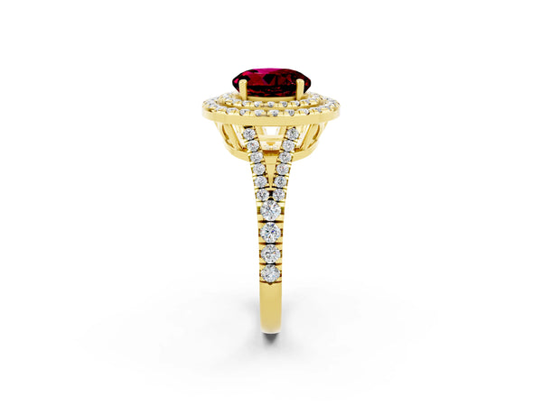 Yellow gold Round Cut Garnet Double Halo Ring with Pavé Band and Prong Setting