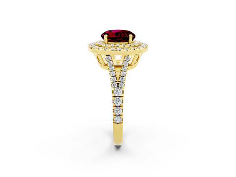 Yellow gold Round Cut Garnet Double Halo Ring with Pavé Band and Prong Setting_14