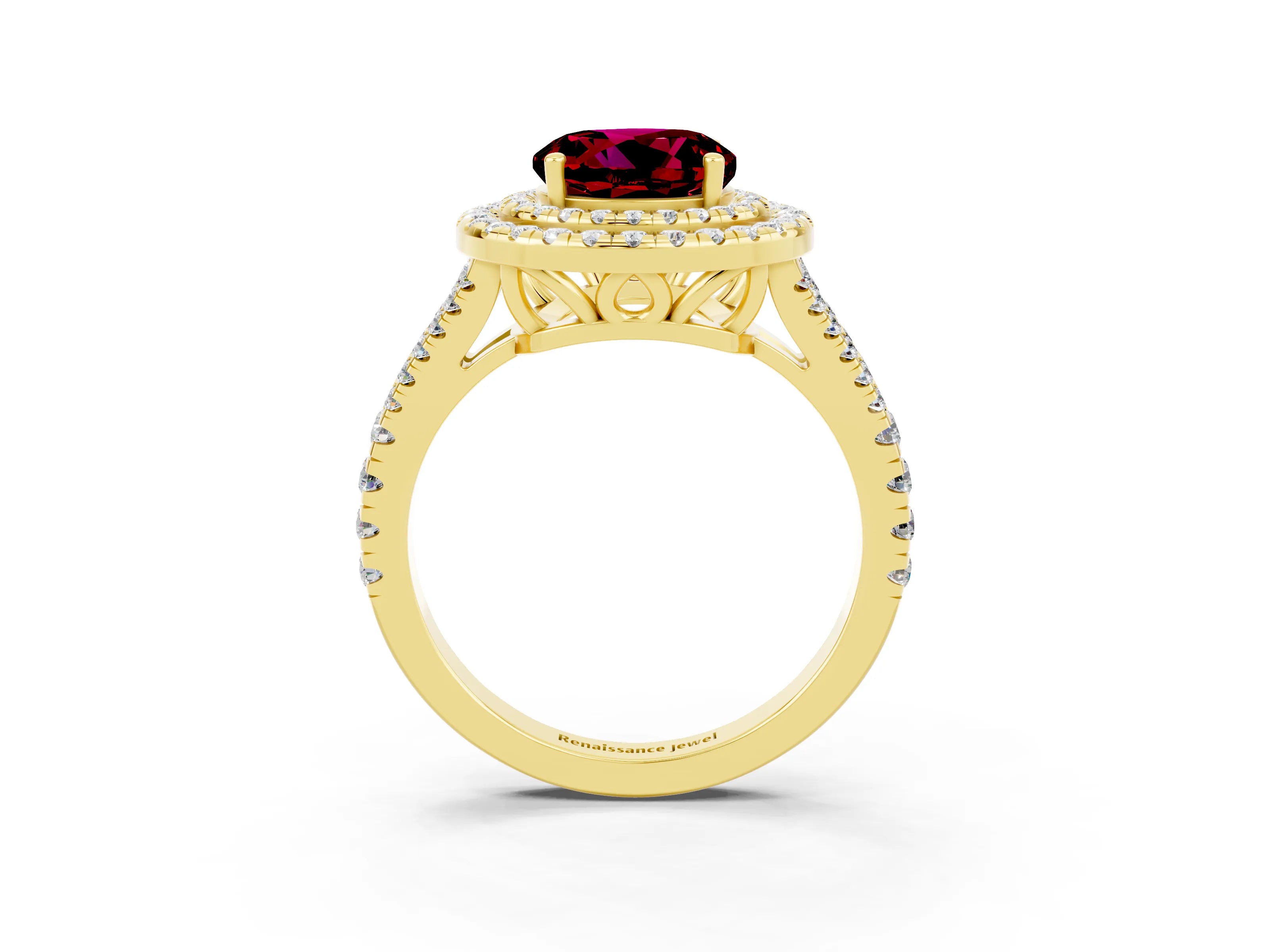 Yellow gold Round Cut Garnet Double Halo Ring with Pavé Band and Prong Setting_15