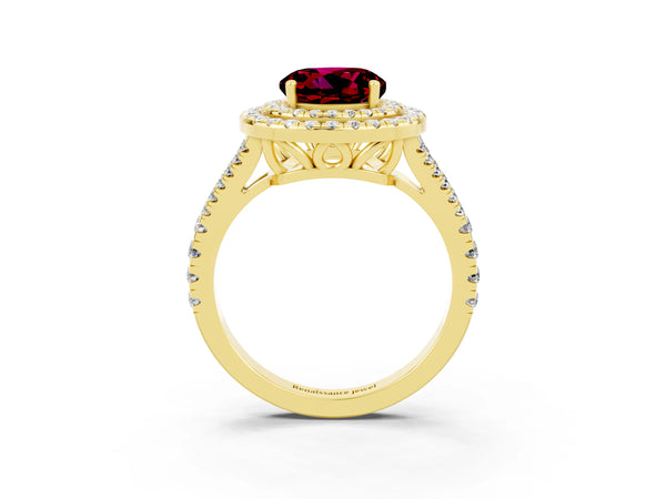 Yellow gold Round Cut Garnet Double Halo Ring with Pavé Band and Prong Setting