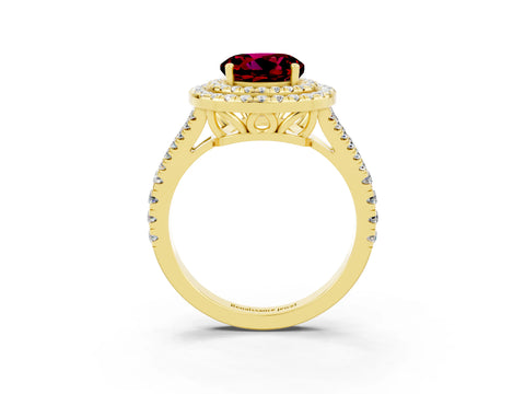 Yellow gold Round Cut Garnet Double Halo Ring with Pavé Band and Prong Setting_15
