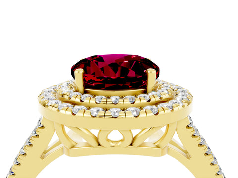 Yellow gold Round Cut Garnet Double Halo Ring with Pavé Band and Prong Setting_16