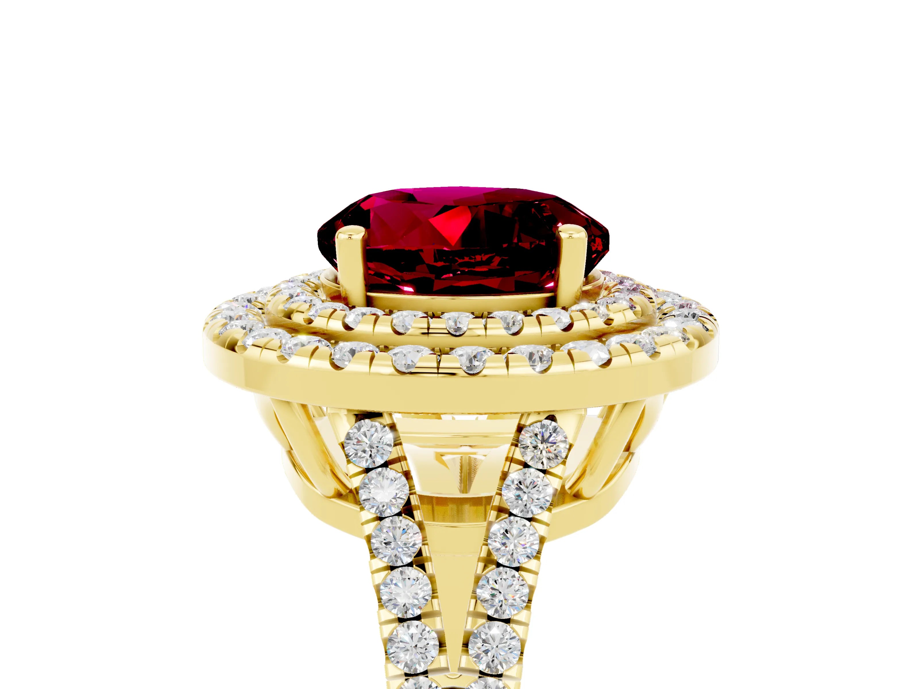 Yellow gold Round Cut Garnet Double Halo Ring with Pavé Band and Prong Setting_17