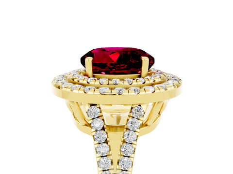 Yellow gold Round Cut Garnet Double Halo Ring with Pavé Band and Prong Setting_17