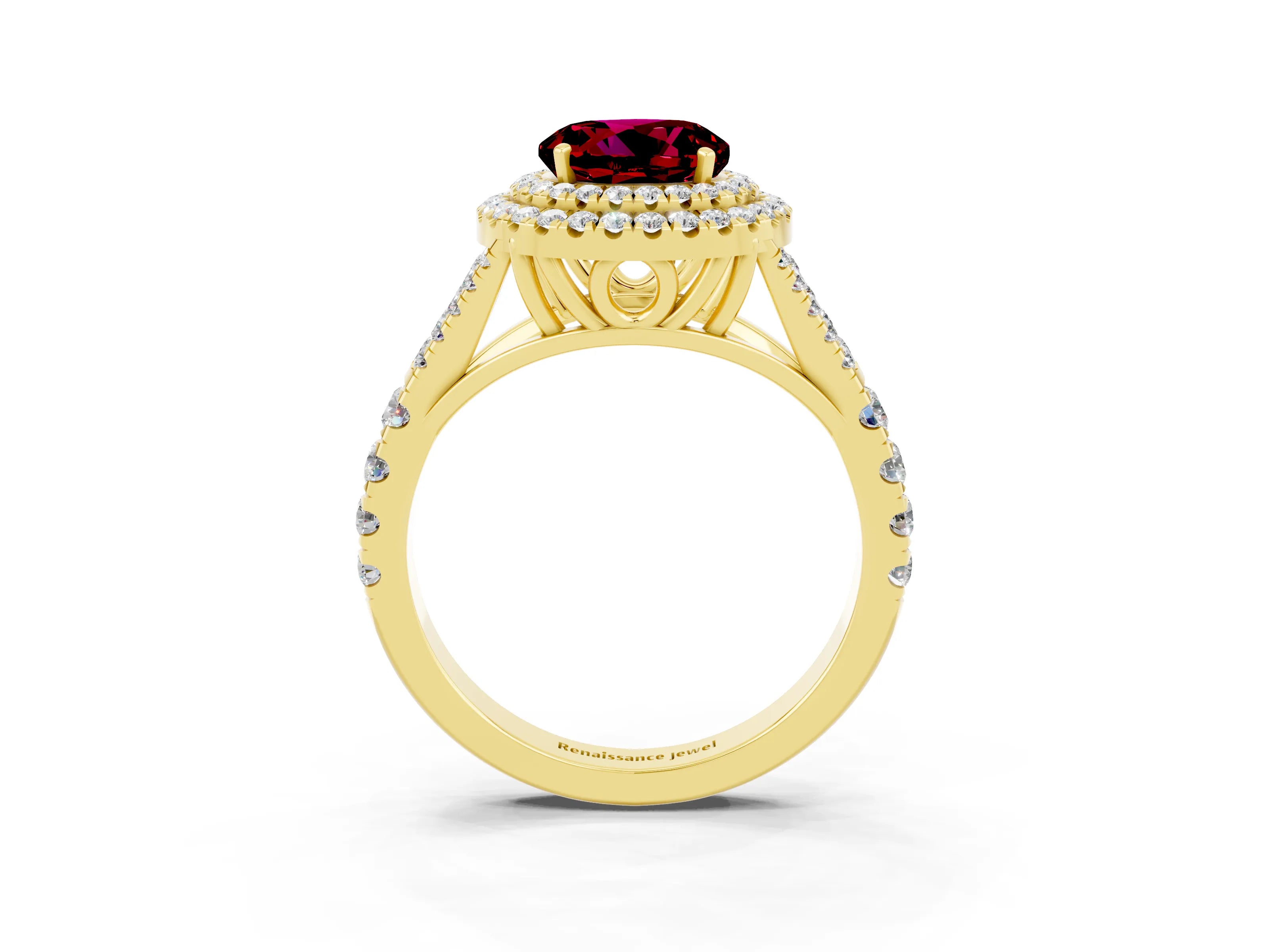 Yellow gold Round Cut Garnet Double Halo Ring with Split Shank and Prong Setting_15