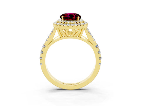 Yellow gold Round Cut Garnet Double Halo Ring with Split Shank and Prong Setting_15
