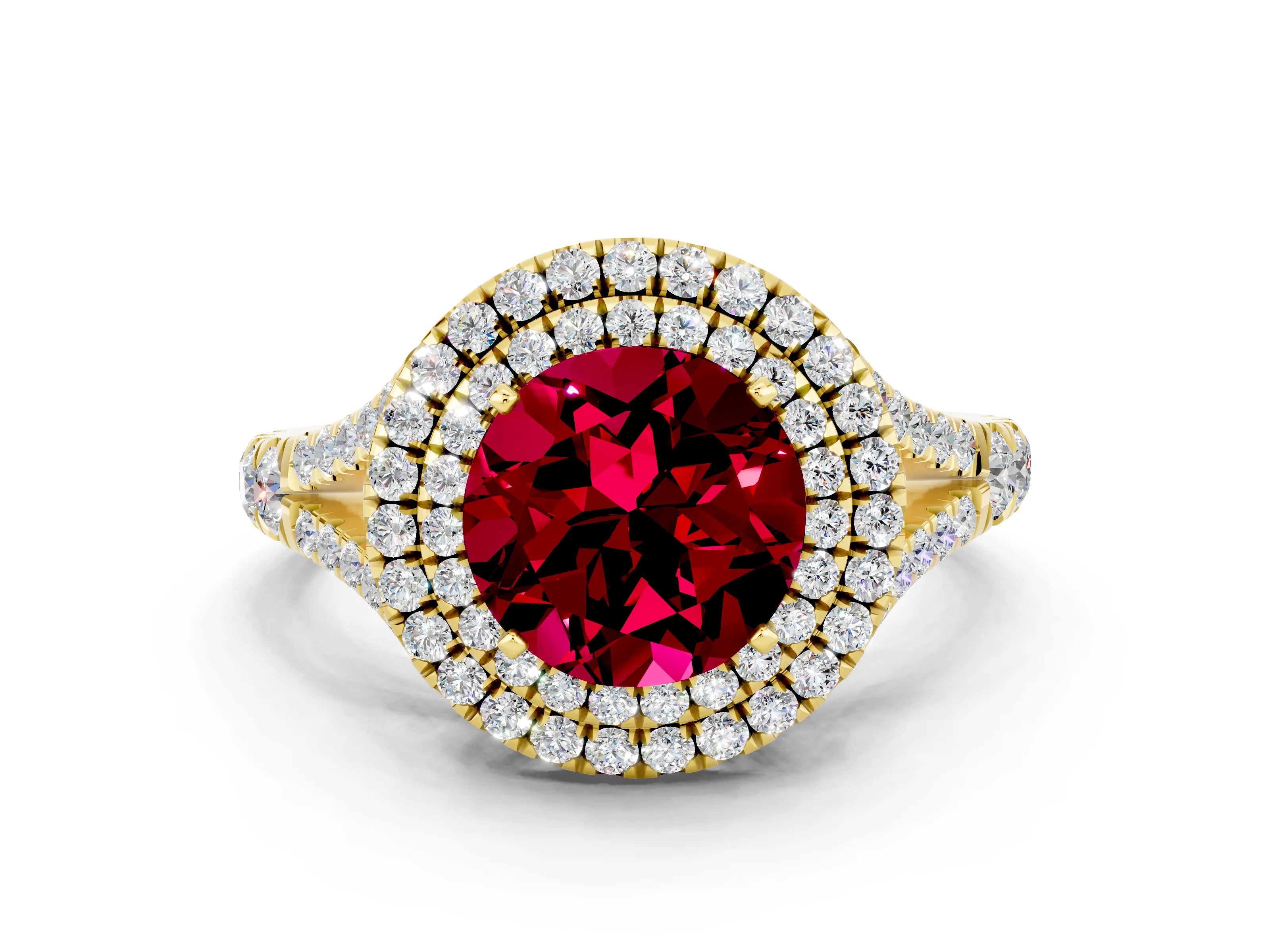 Yellow gold Round Cut Garnet Double Halo Ring with Split Shank and Prong Setting_22