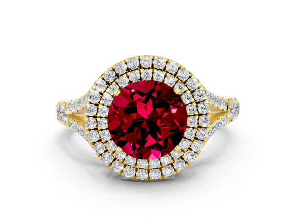 Yellow gold Round Cut Garnet Double Halo Ring with Split Shank and Prong Setting