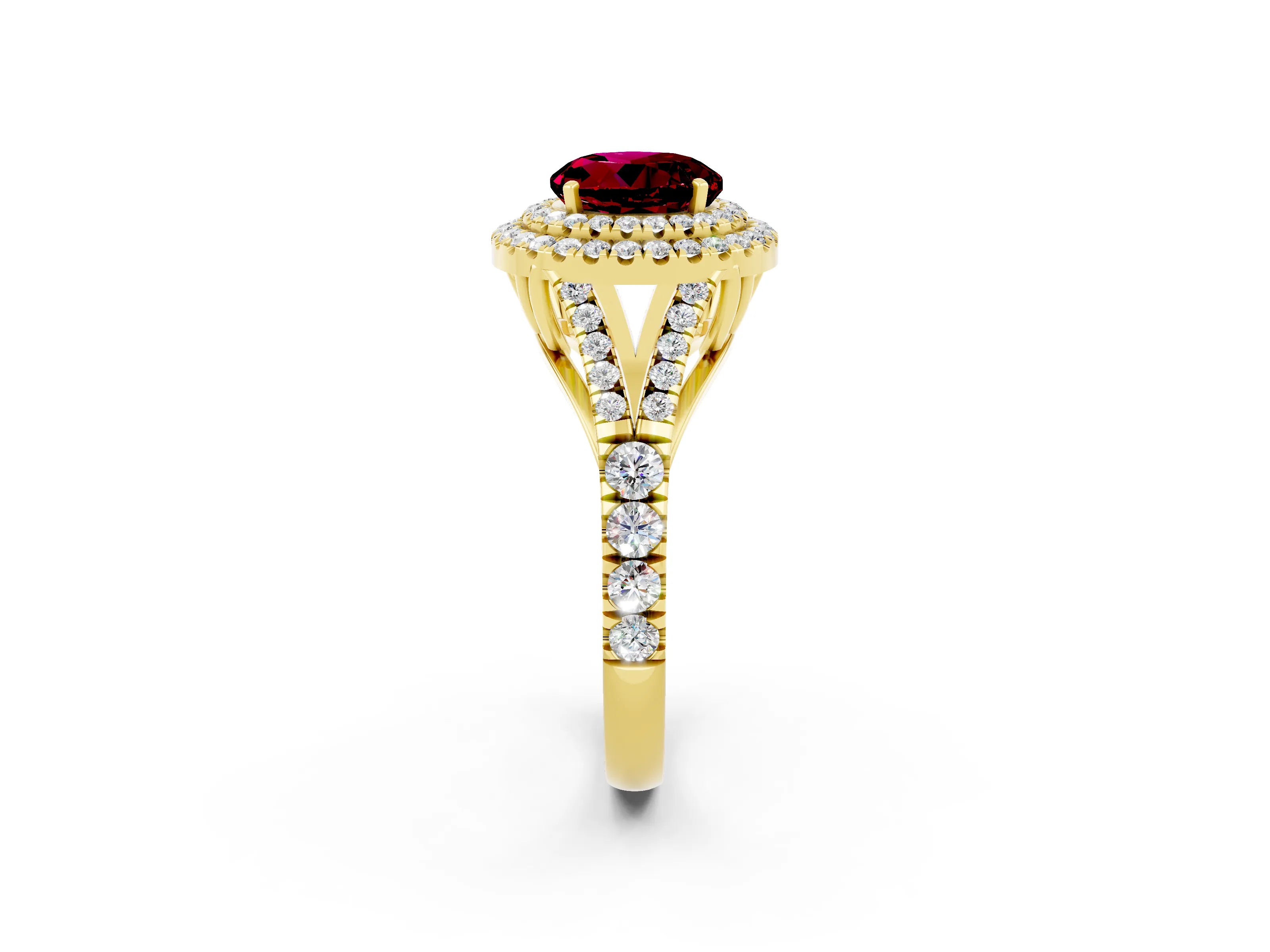 Yellow gold Round Cut Garnet Double Halo Ring with Split Shank and Prong Setting_24