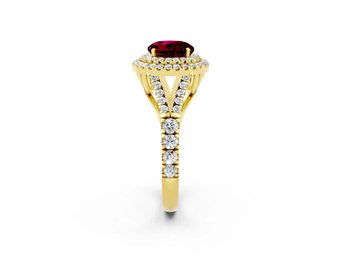 Yellow gold Round Cut Garnet Double Halo Ring with Split Shank and Prong Setting_24