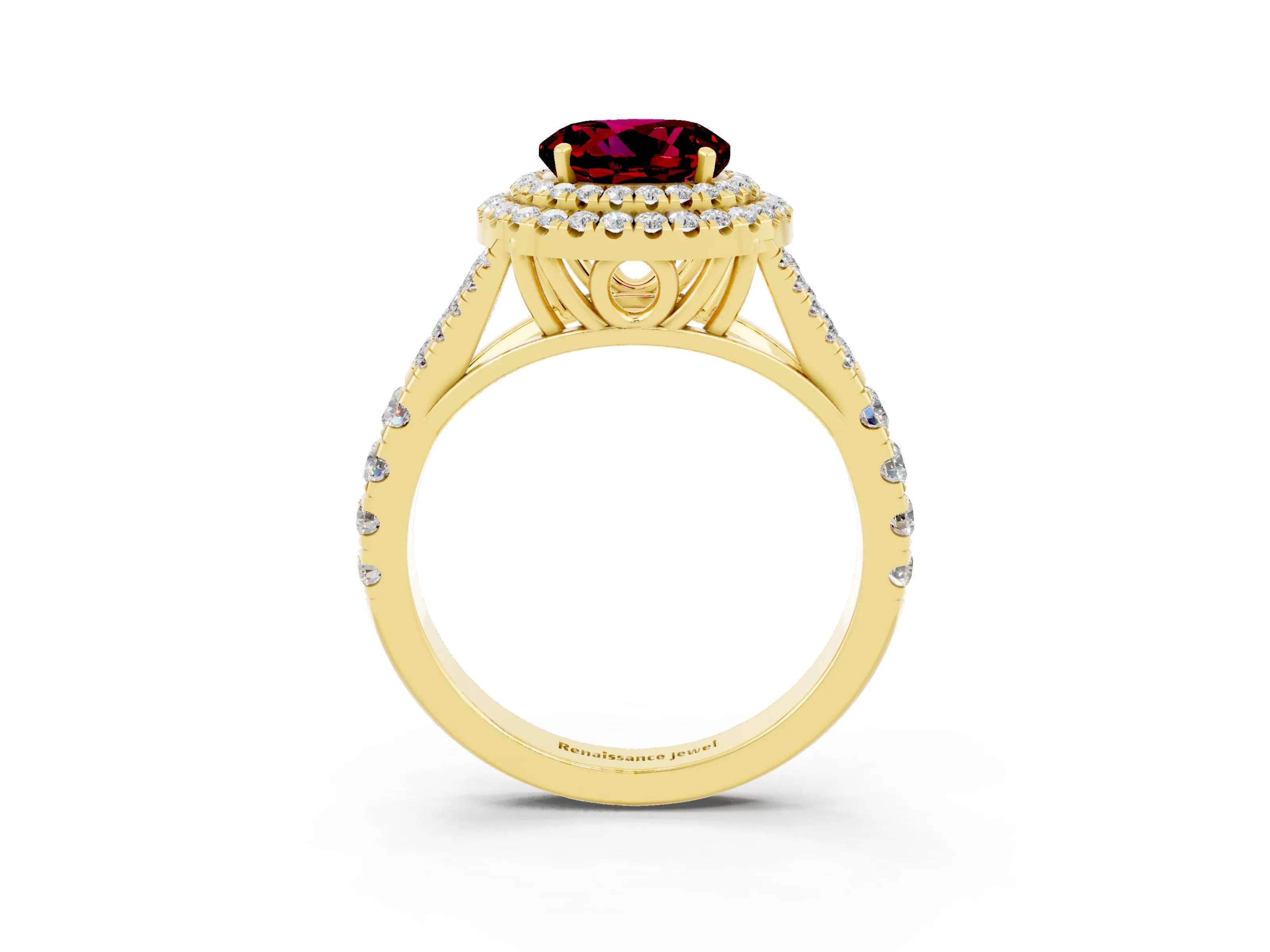 Yellow gold Round Cut Garnet Double Halo Ring with Split Shank and Prong Setting_25