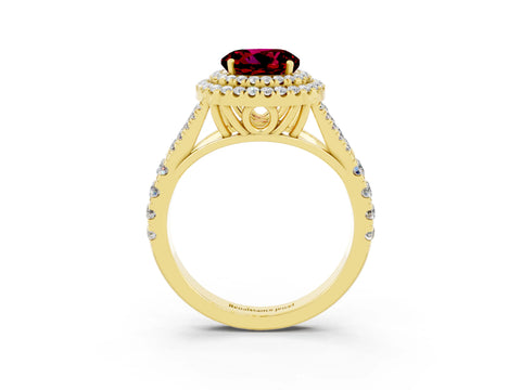 Yellow gold Round Cut Garnet Double Halo Ring with Split Shank and Prong Setting_25
