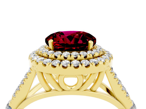 Yellow gold Round Cut Garnet Double Halo Ring with Split Shank and Prong Setting_26