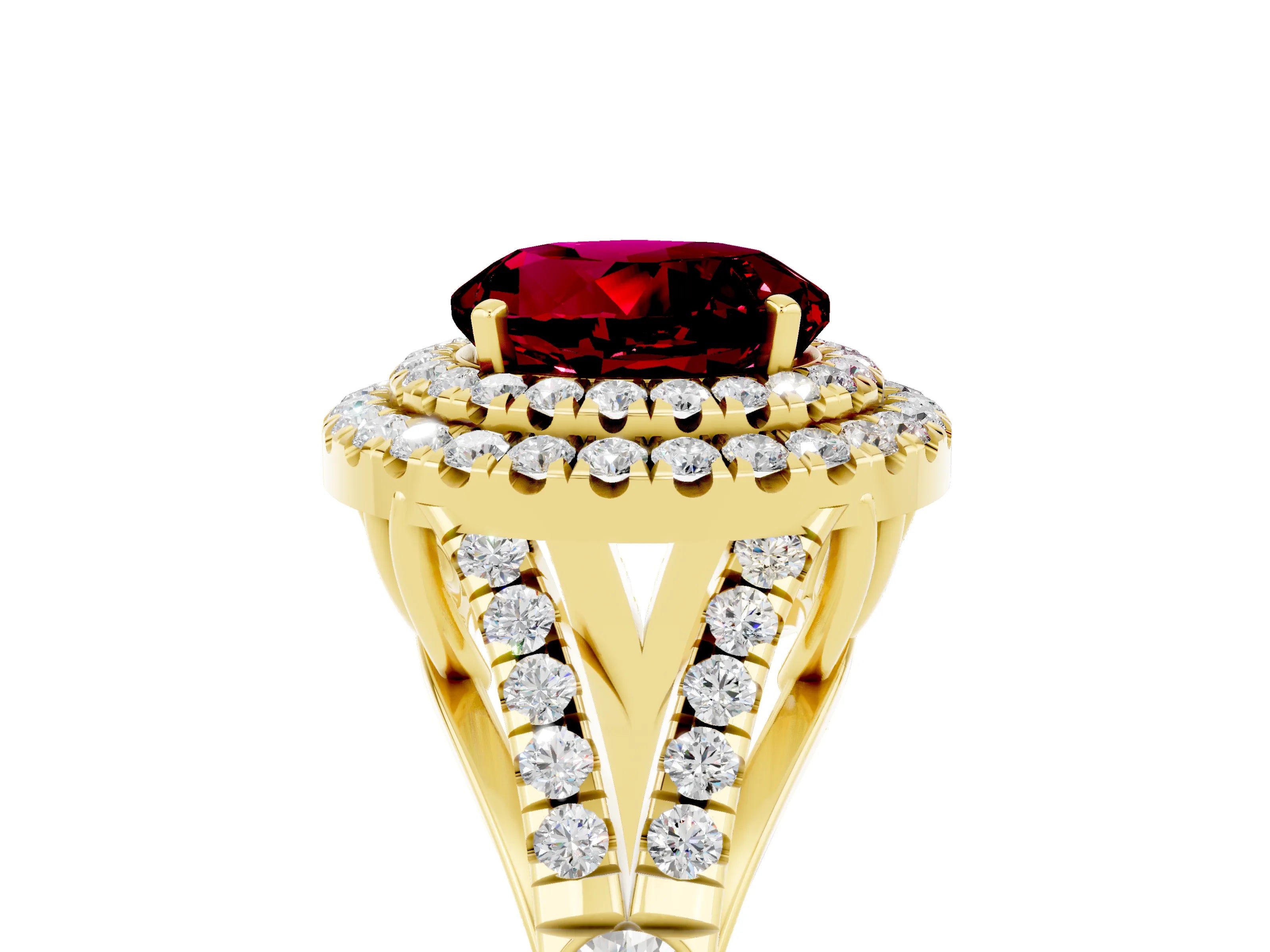 Yellow gold Round Cut Garnet Double Halo Ring with Split Shank and Prong Setting_27