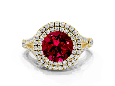 Yellow gold Round Cut Garnet Double Halo Ring with Split Shank and Prong Setting_34