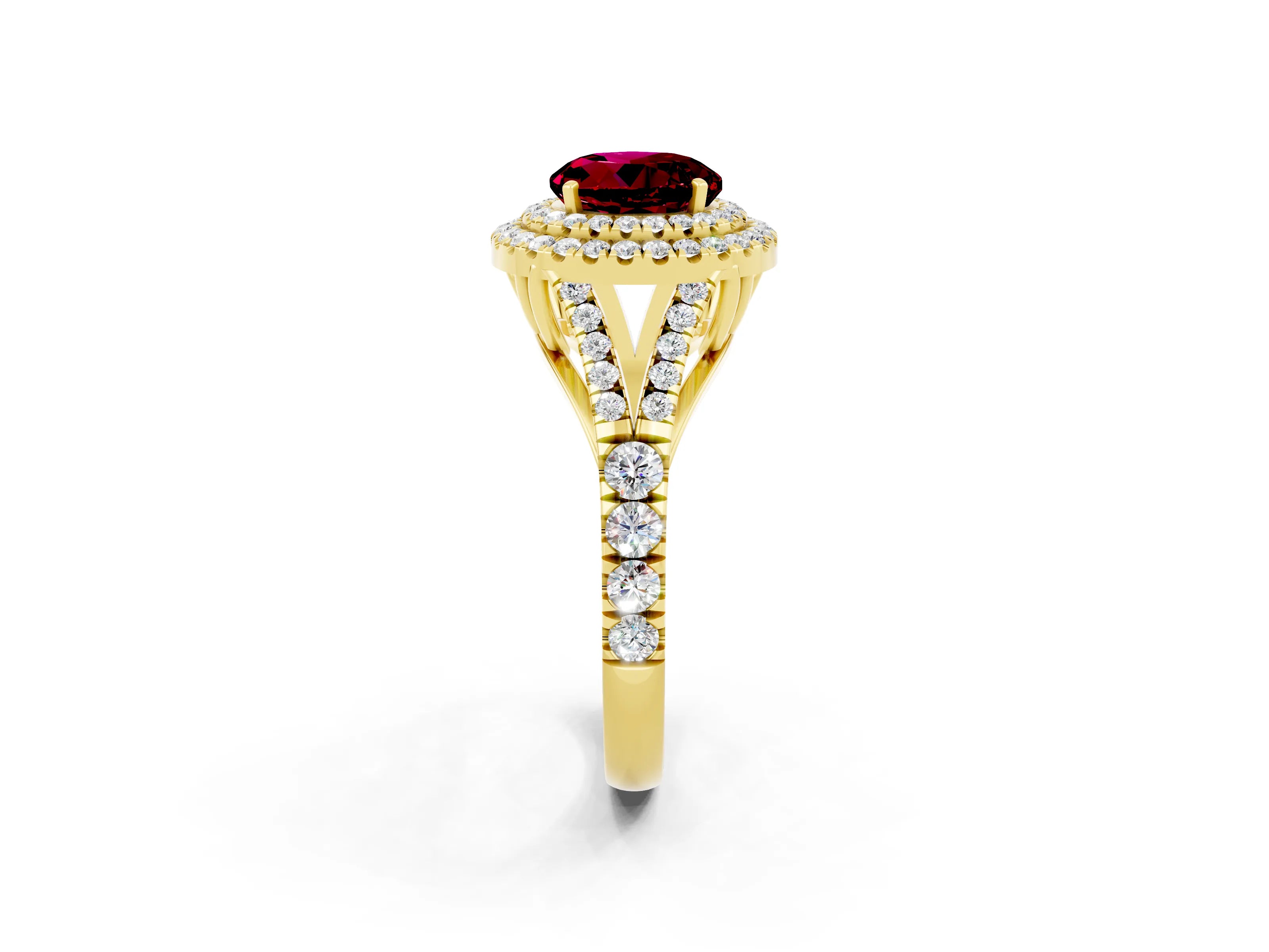 Yellow gold Round Cut Garnet Double Halo Ring with Split Shank and Prong Setting_36
