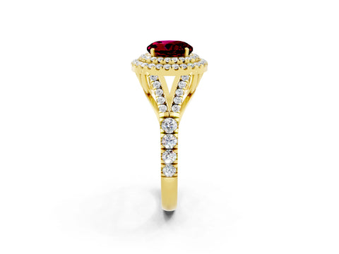 Yellow gold Round Cut Garnet Double Halo Ring with Split Shank and Prong Setting_36