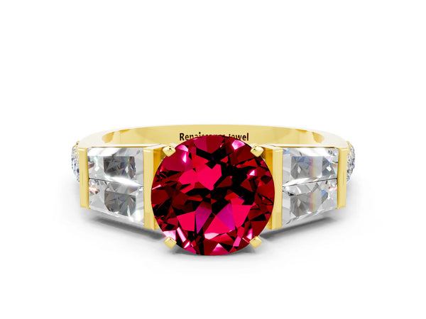 Yellow gold Round Cut Garnet Engagement Ring with Baguette Side Stones and Channel Set Band