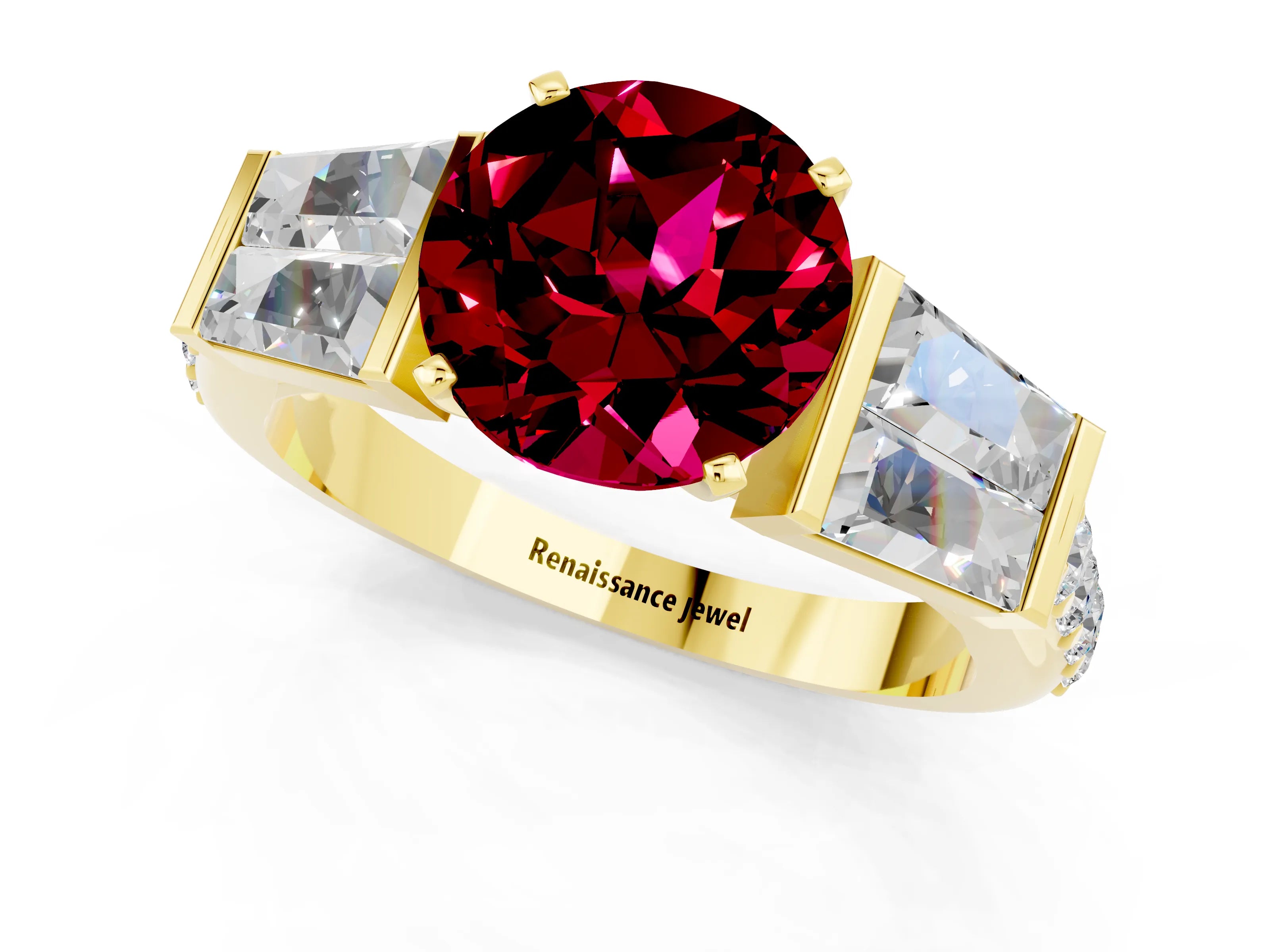 Yellow gold Round Cut Garnet Engagement Ring with Baguette Side Stones and Channel Set Band_1