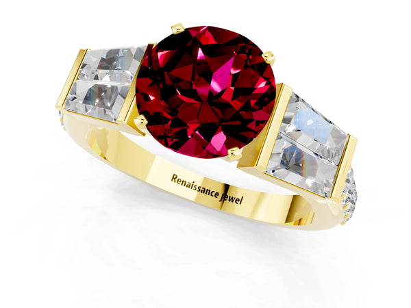 Yellow gold Round Cut Garnet Engagement Ring with Baguette Side Stones and Channel Set Band