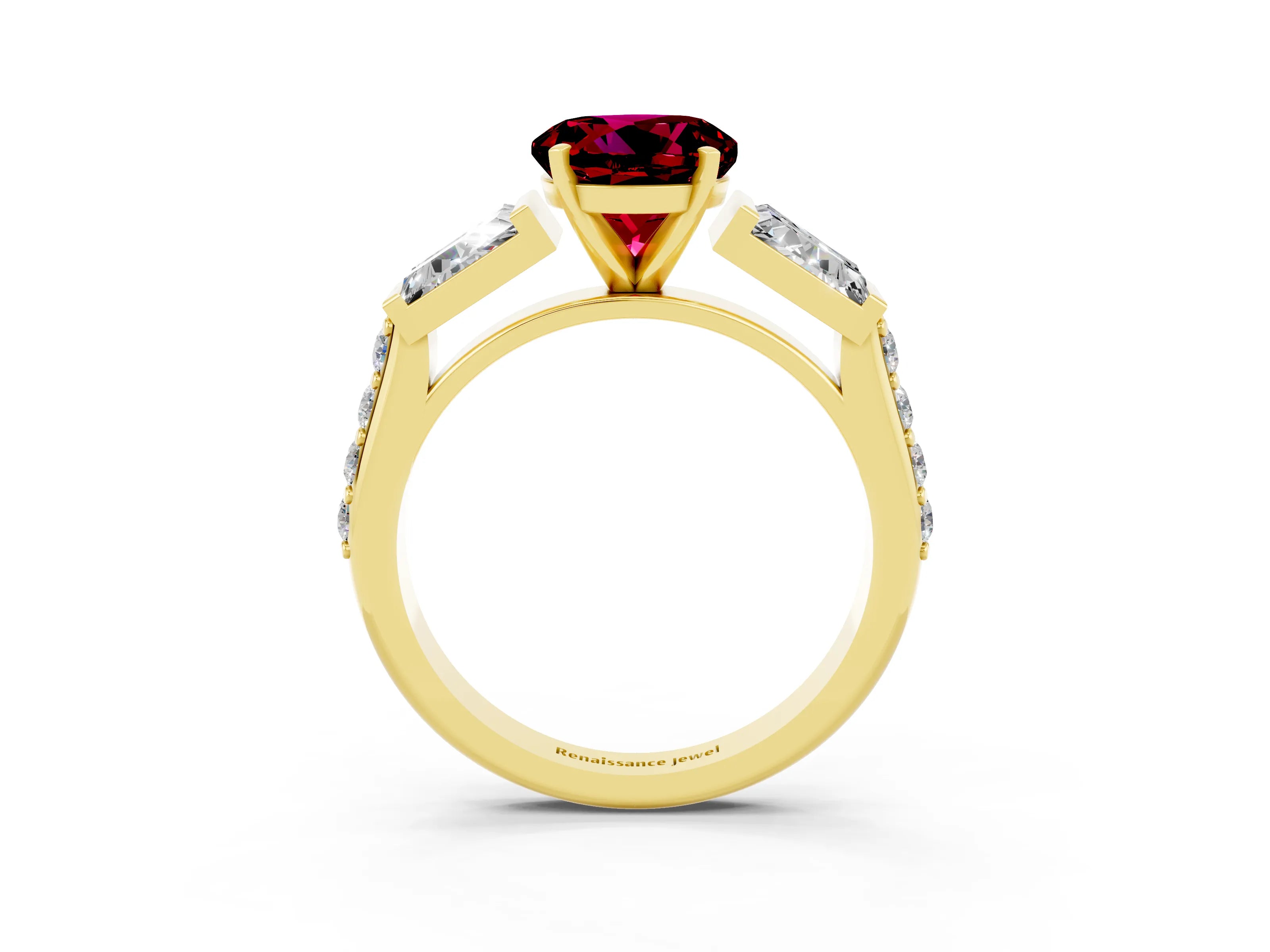 Yellow gold Round Cut Garnet Engagement Ring with Baguette Side Stones and Channel Set Band_3