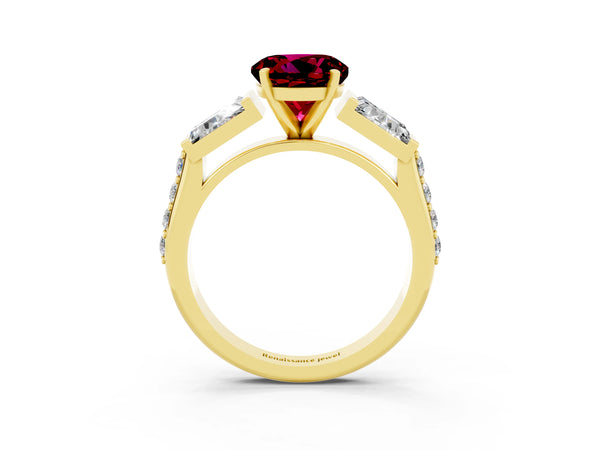Yellow gold Round Cut Garnet Engagement Ring with Baguette Side Stones and Channel Set Band